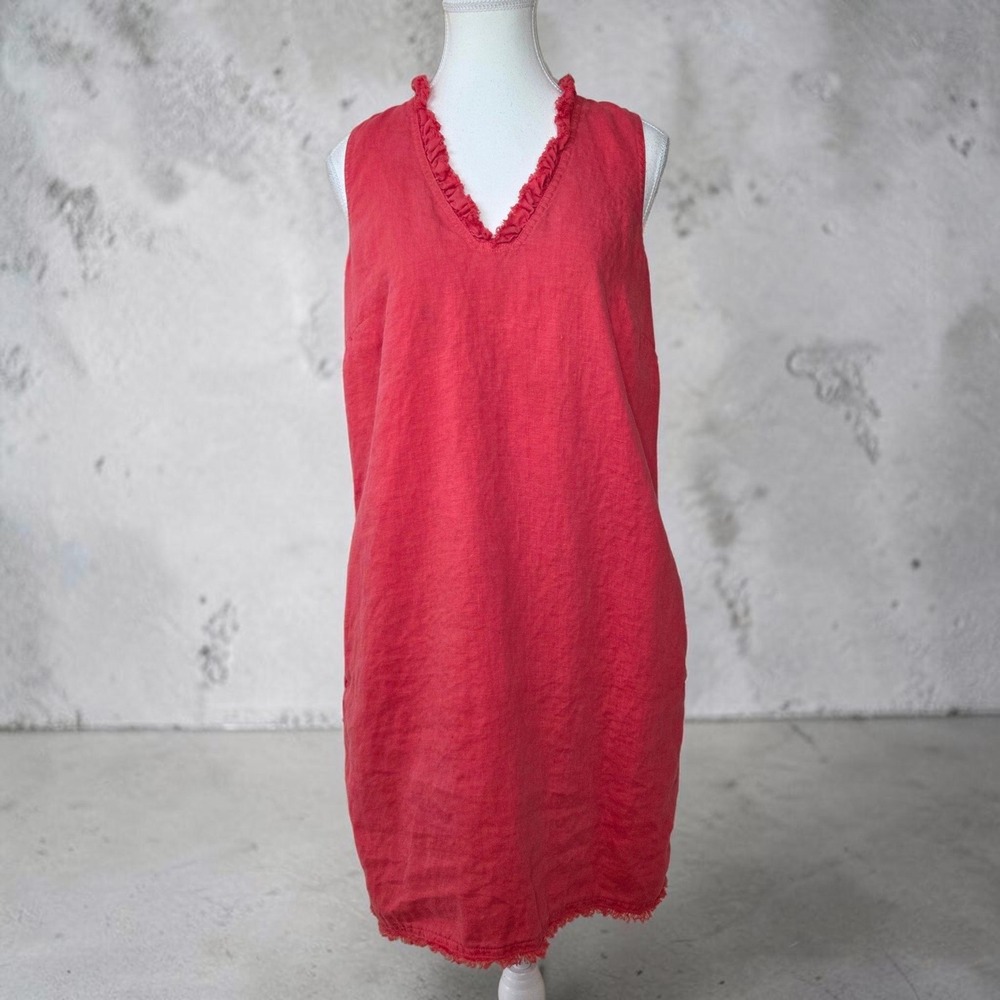 Tommy Bahama Womens Pink Linen Ruffle V-Neck Sleeveless Shift Dress Size M